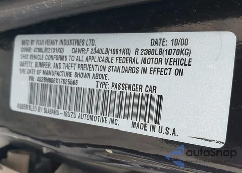 2001 Subaru Outback H6-3.0 z USA, uszkodzony, nr VIN 4S3BH806X17625566